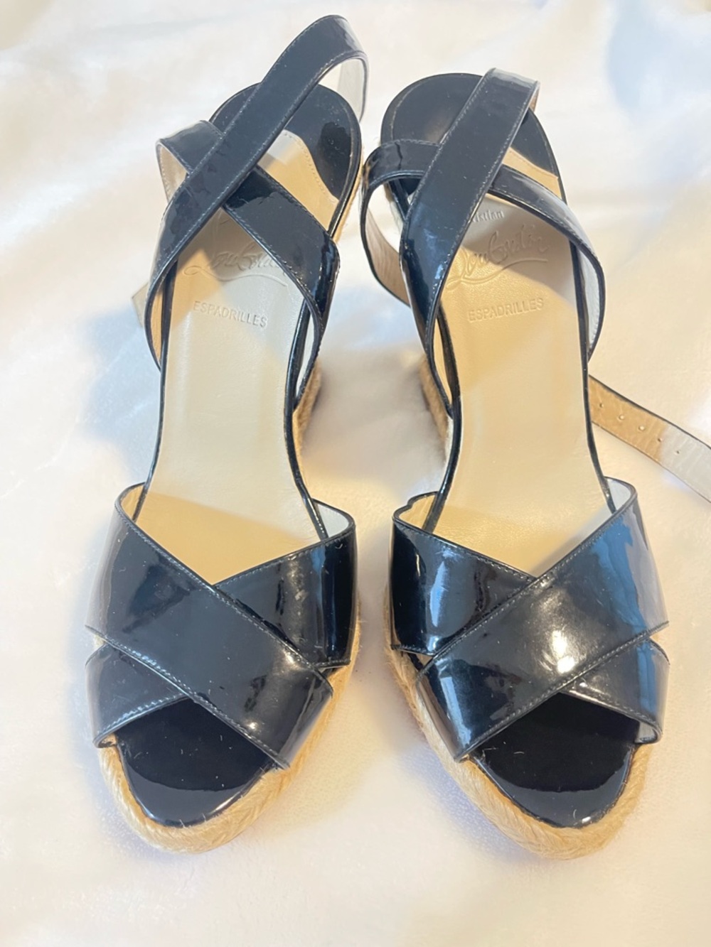 Christian Louboutin Black Patent Espadrille Wedge Sandals